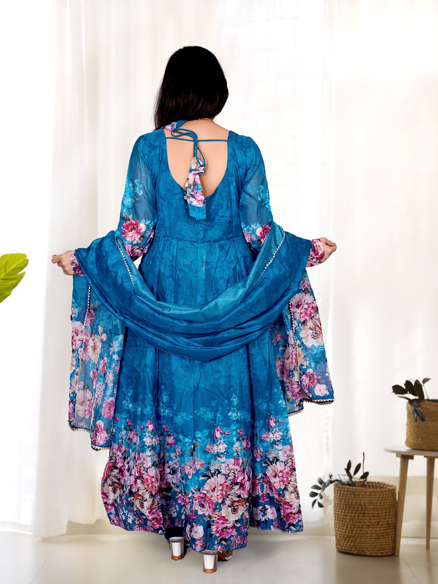 Precious Black, Pink, Wine, And Aqua Blue Color Organza Silk Print Anarkali Suit Set