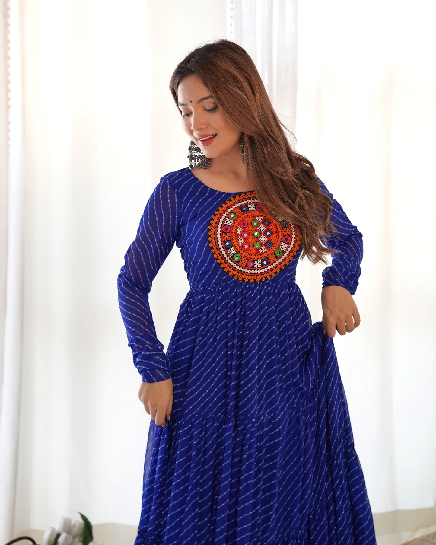 Wonderful Georgette Laheriya Print Blue And Green Color Gown
