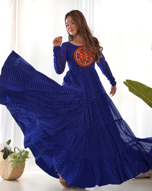 Wonderful Georgette Laheriya Print Blue And Green Color Gown