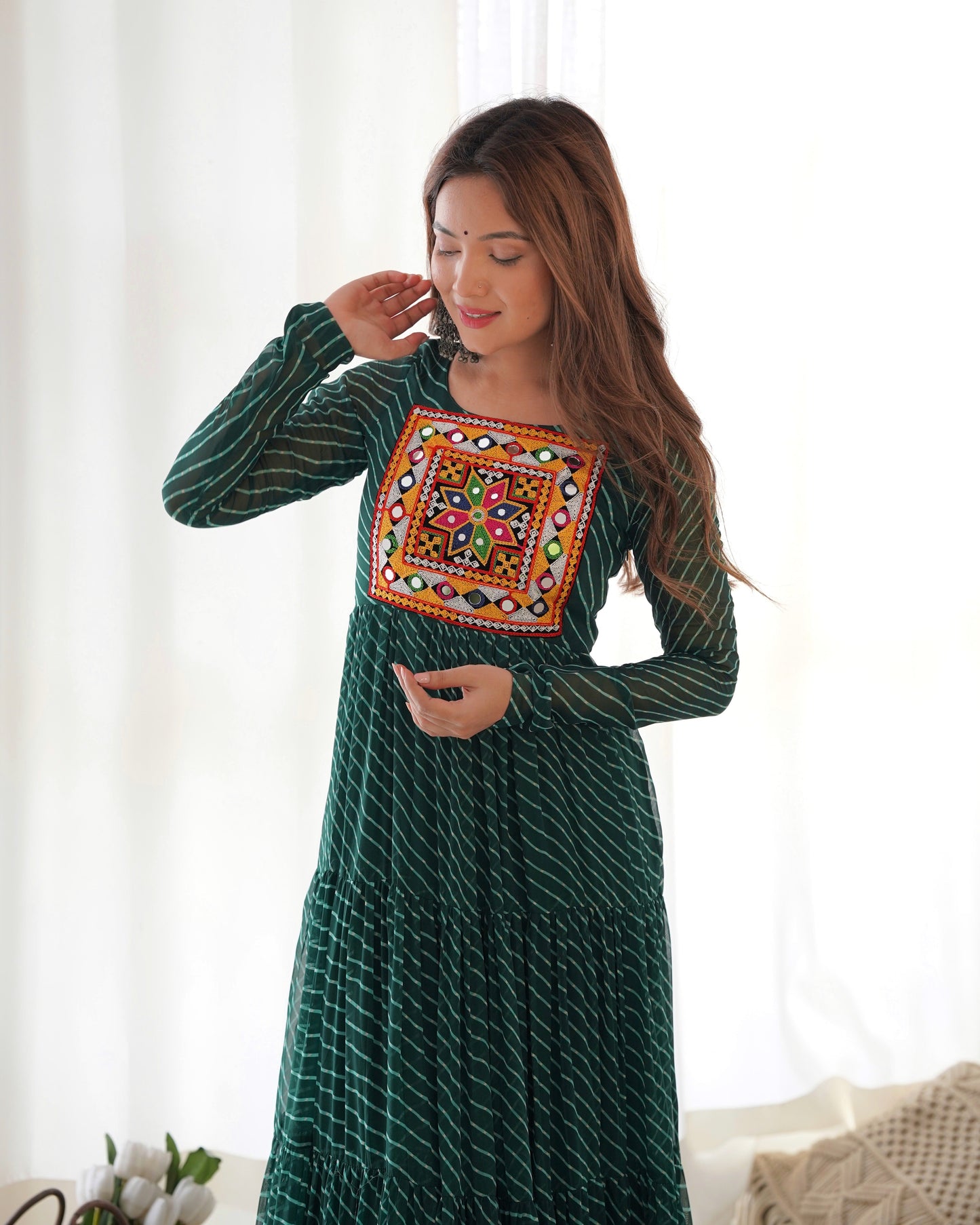 Wonderful Georgette Laheriya Print Blue And Green Color Gown