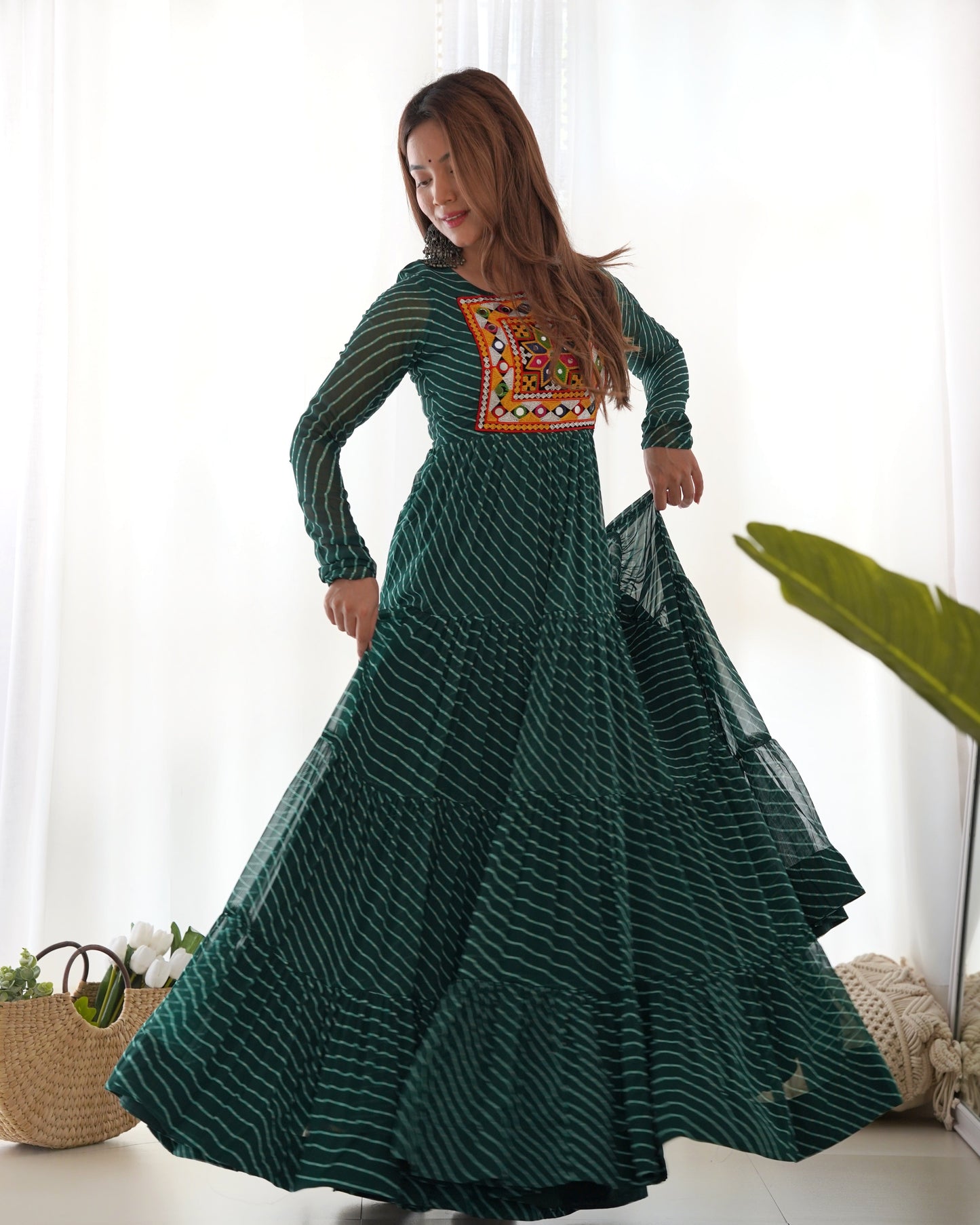 Wonderful Georgette Laheriya Print Blue And Green Color Gown