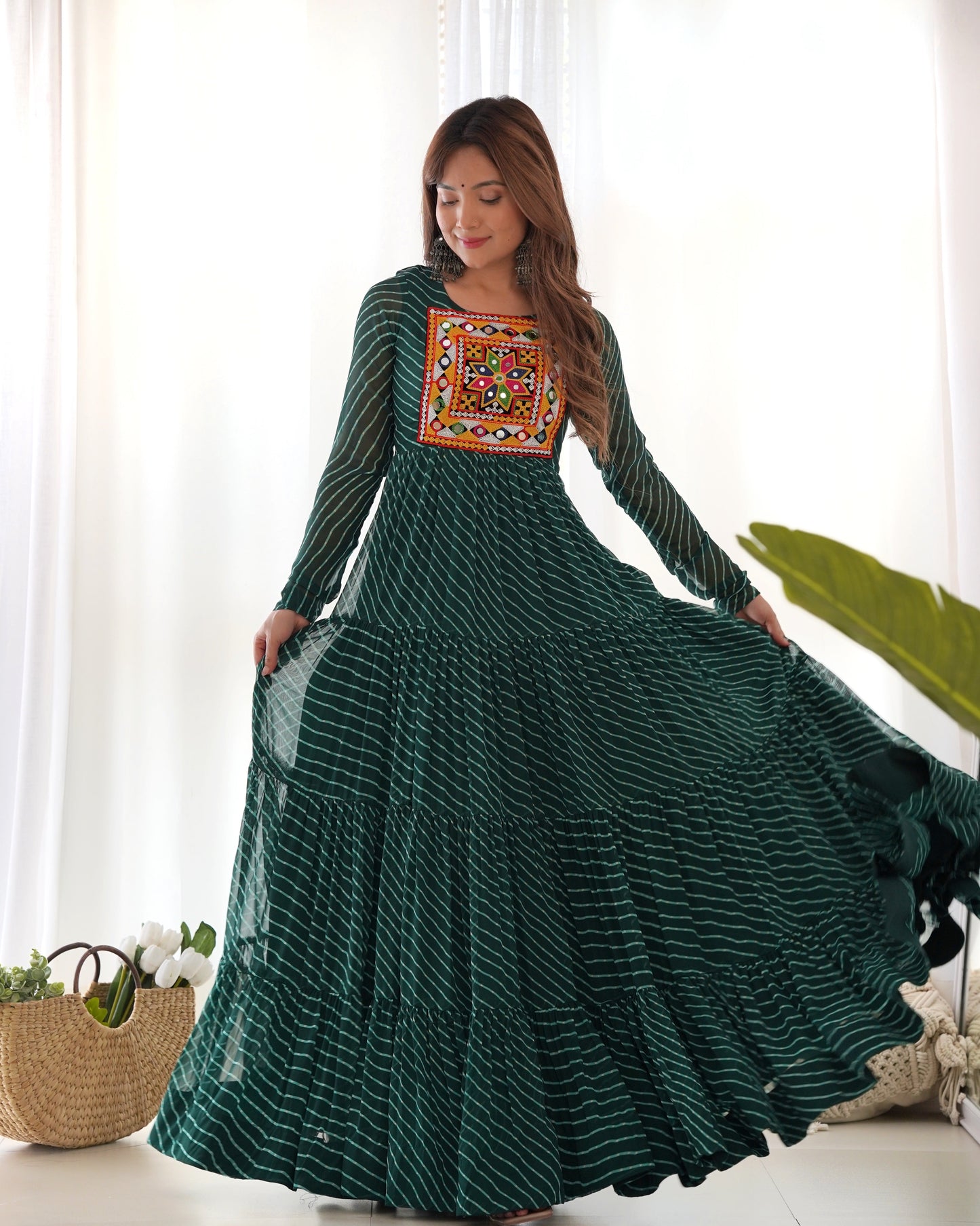 Wonderful Georgette Laheriya Print Blue And Green Color Gown