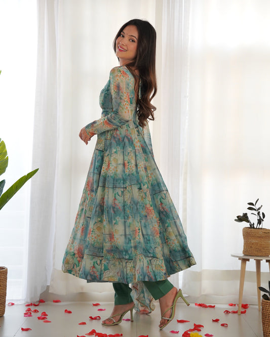Graceful Sky Blue Organza Print Round Neck Anarkali Suit