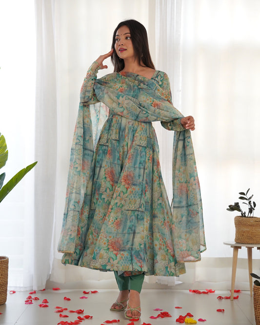 Graceful Sky Blue Organza Print Round Neck Anarkali Suit
