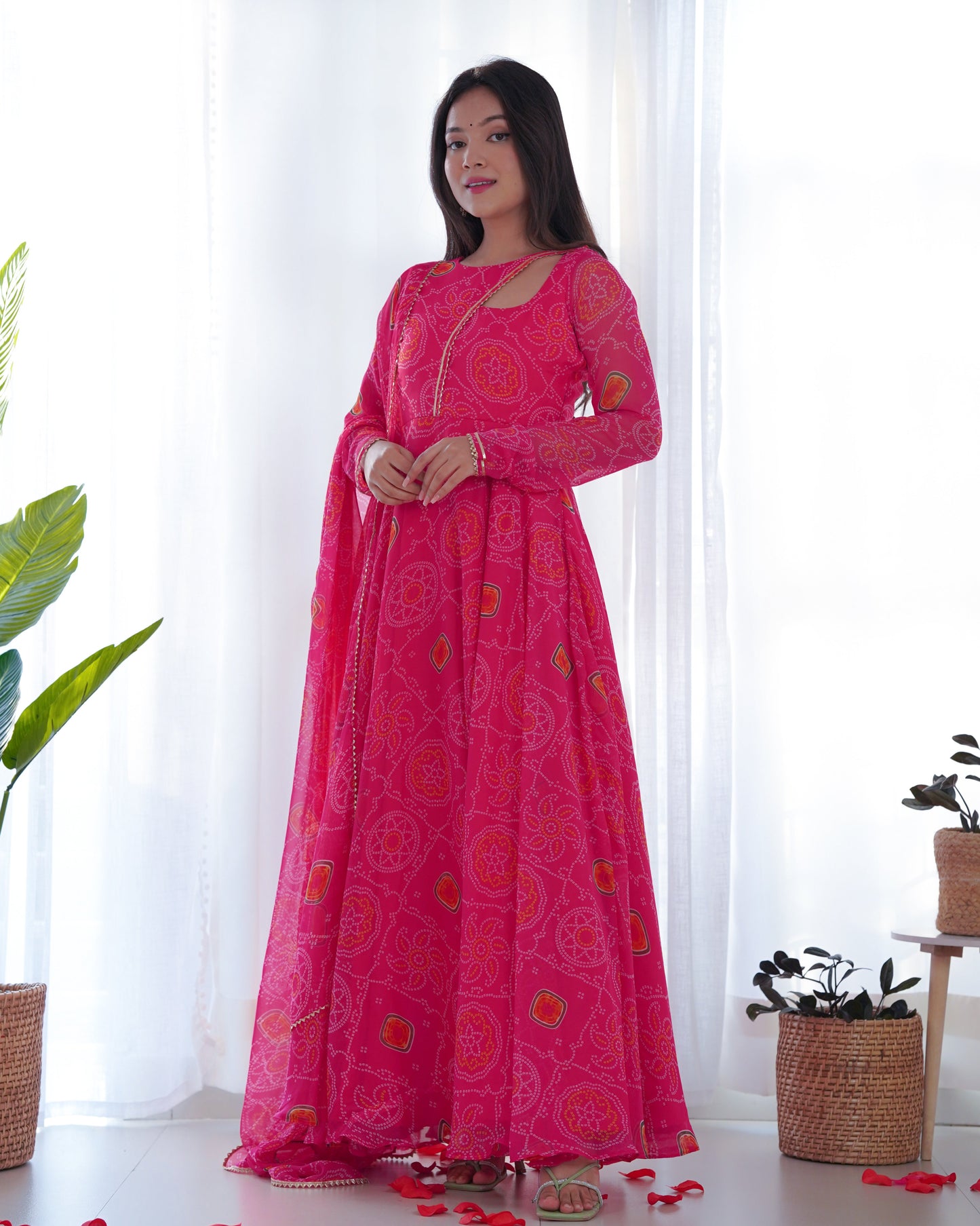 Ravishing Chiffon Bandhej Pink Color Gown With Dupatta