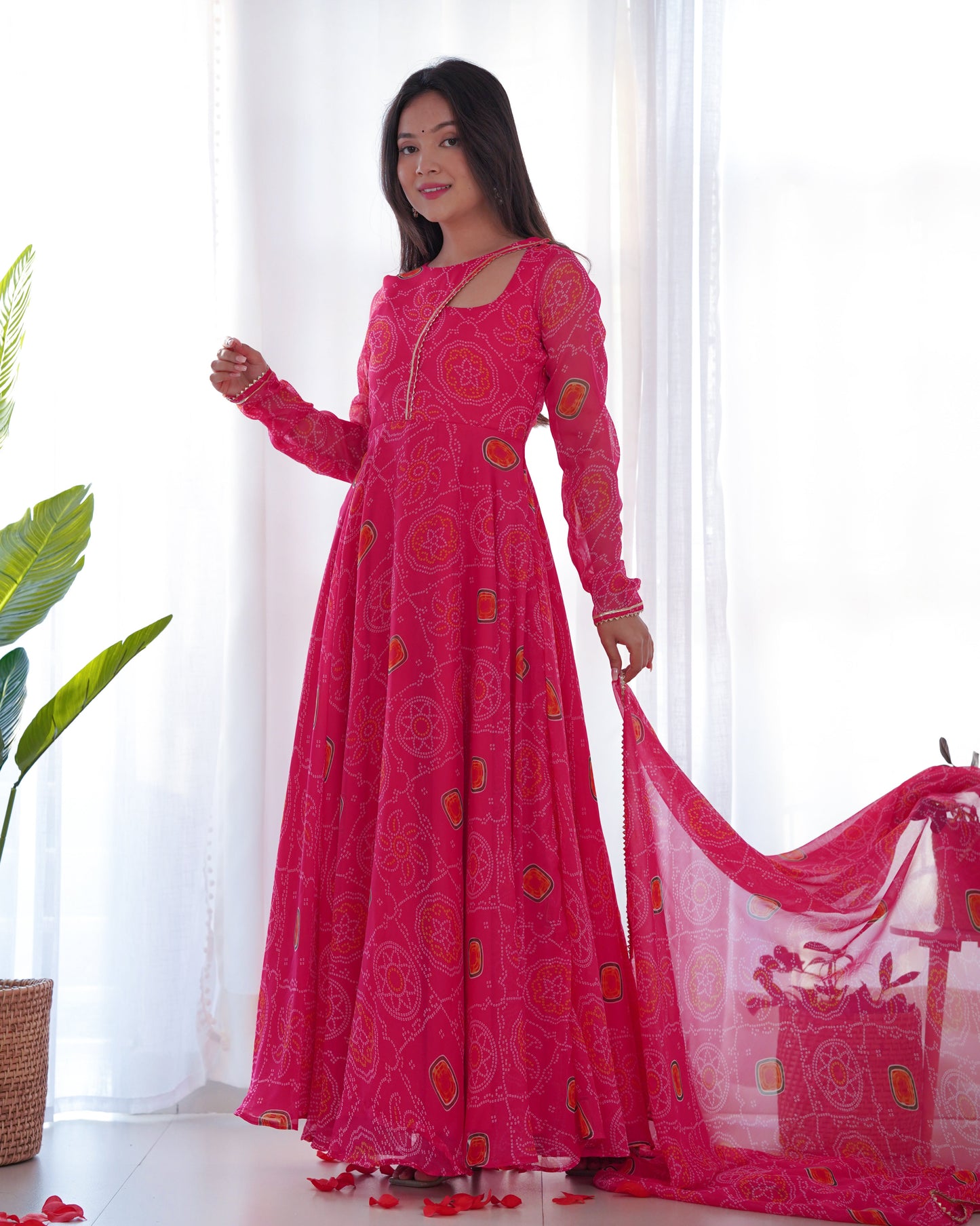 Ravishing Chiffon Bandhej Pink Color Gown With Dupatta
