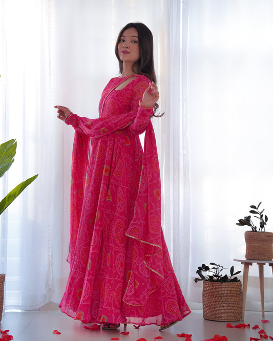 Ravishing Chiffon Bandhej Pink Color Gown With Dupatta