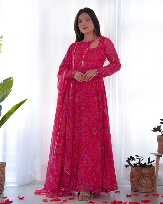 Ravishing Chiffon Bandhej Pink Color Gown With Dupatta