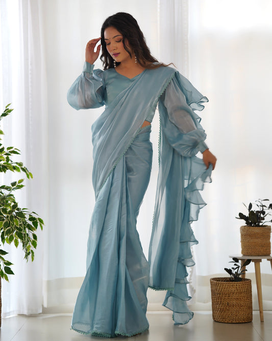 Charming Jimmy Choo Organza Pink And Sky Blue Color Ready To Wear Saree