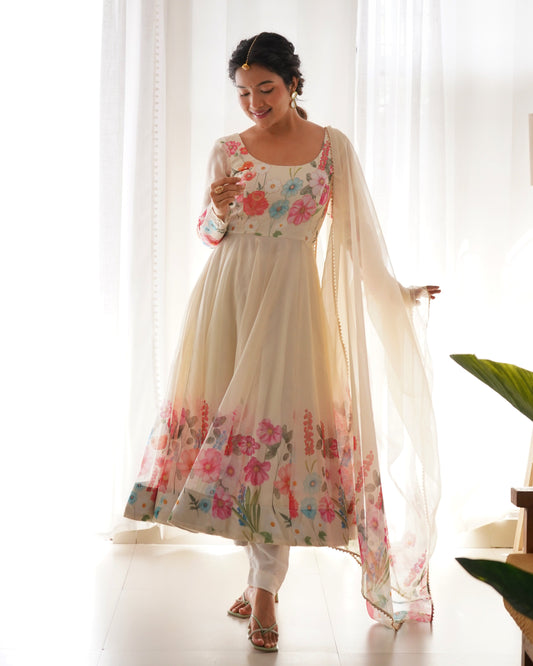 Glorious Mehndi, Black And Cream Organza Silk Print Anarkali Gown