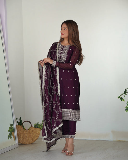 Function Wear Rangoli Silk Wine And Maroon Color Kurta With Pent