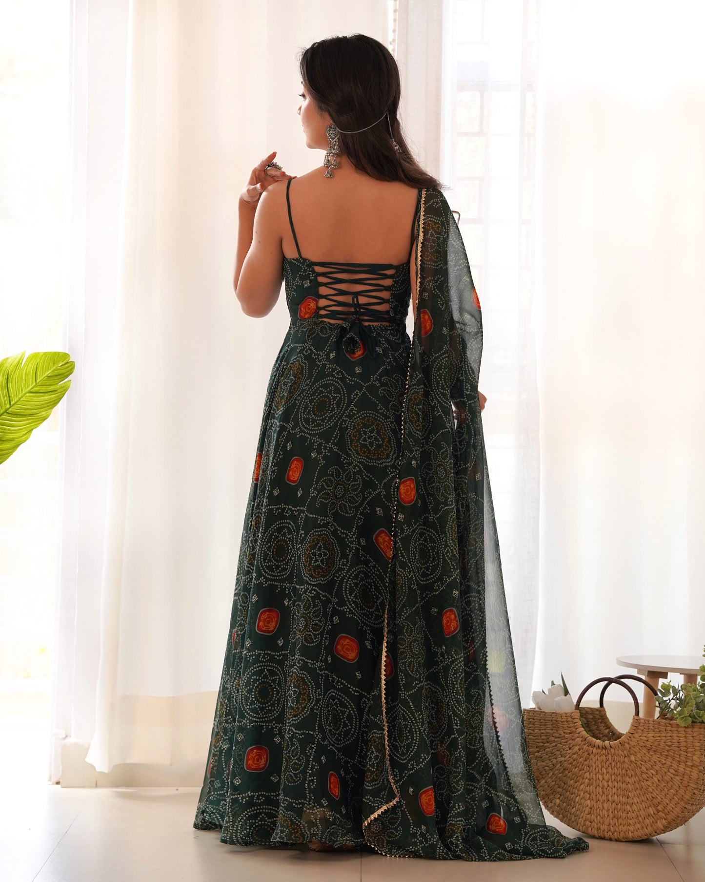 Fantastic Chiffon Bandhej Green And Pink Gown