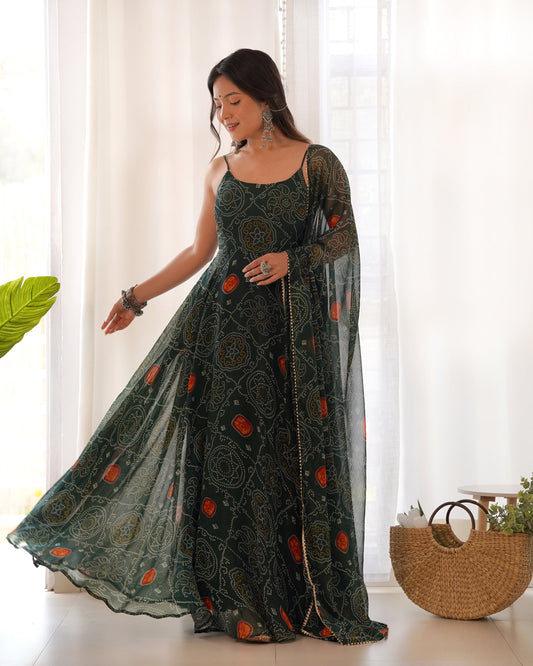 Fantastic Chiffon Bandhej Green And Pink Gown