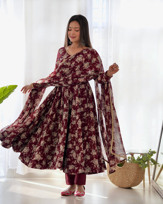 Presenting V Neck Black And Maroon Color Anarkali Suit