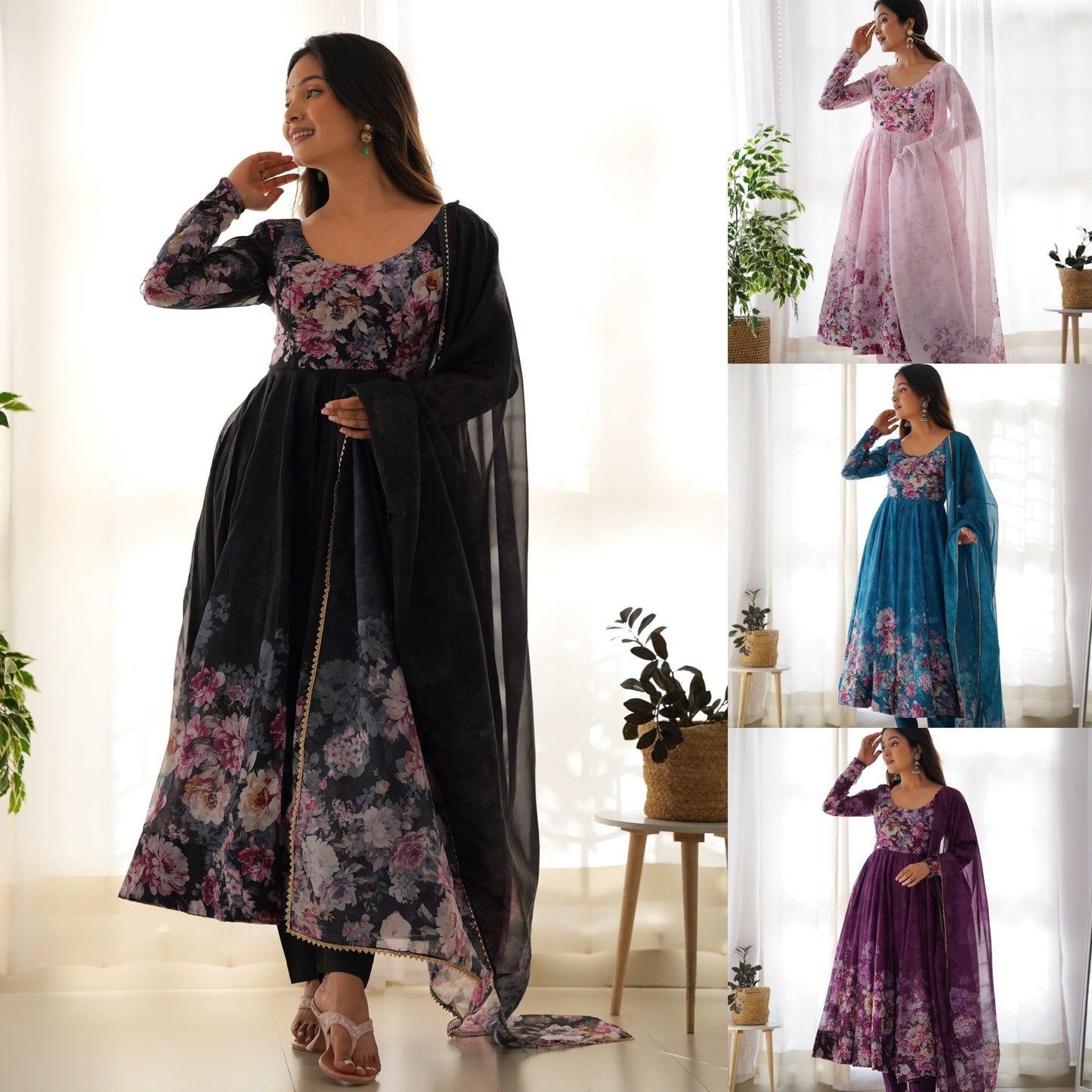 Precious Black, Pink, Wine, And Aqua Blue Color Organza Silk Print Anarkali Suit Set