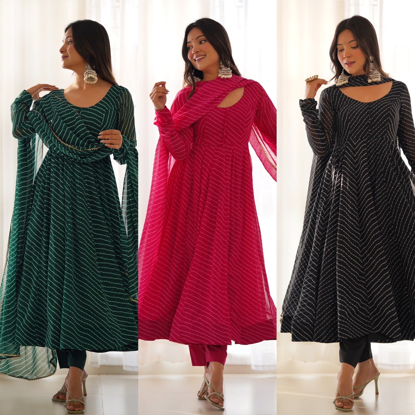 Alluring Georgette Green, Pink And Black Color Anarkali Suit