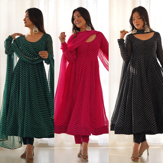 Alluring Georgette Green, Pink And Black Color Anarkali Suit