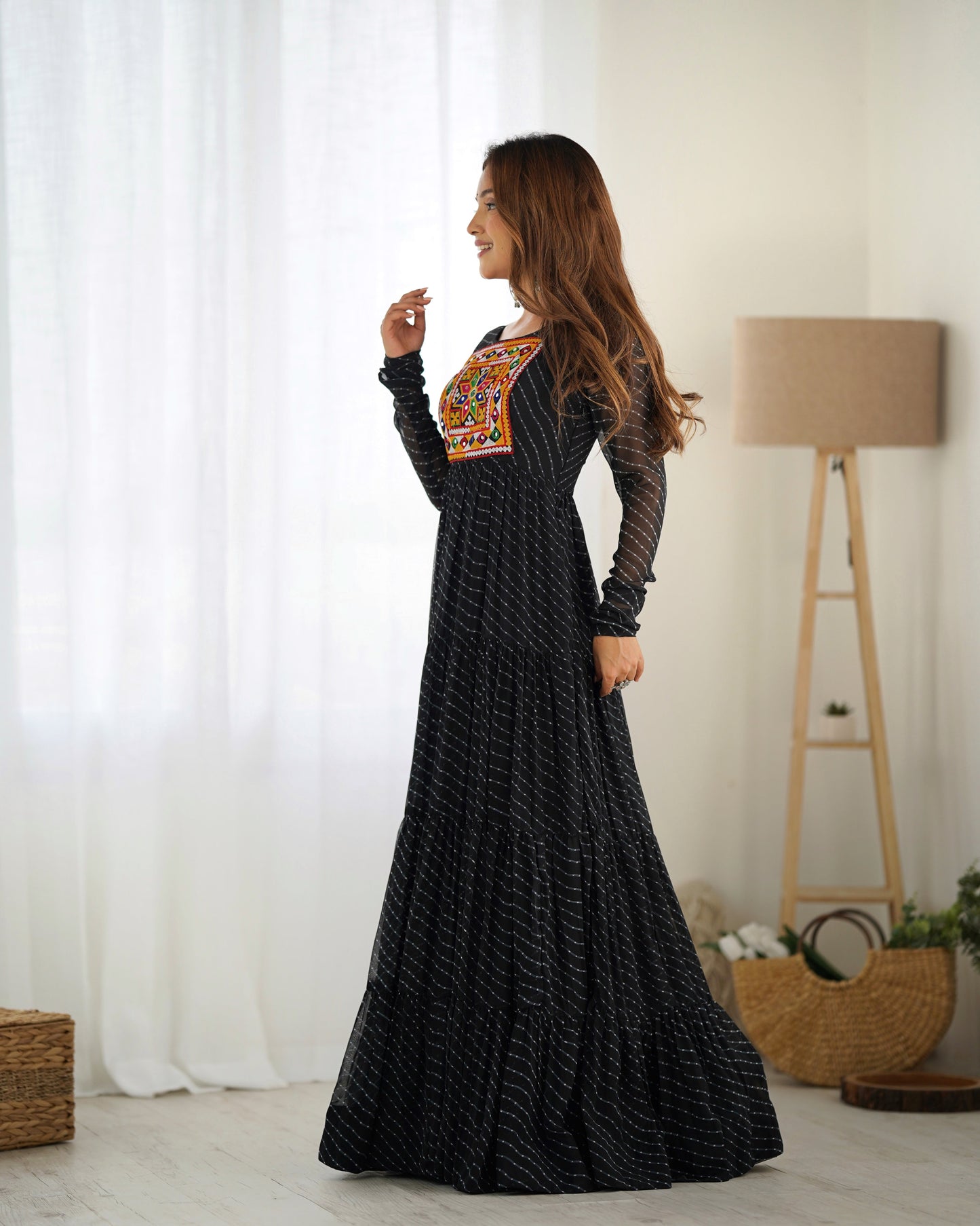 Wonderful Georgette Laheriya Print Pink And Black Color Gown