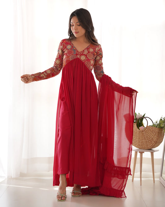 Traditional Wear Georgette Ready To Wear Red Color Gown With Dupatta