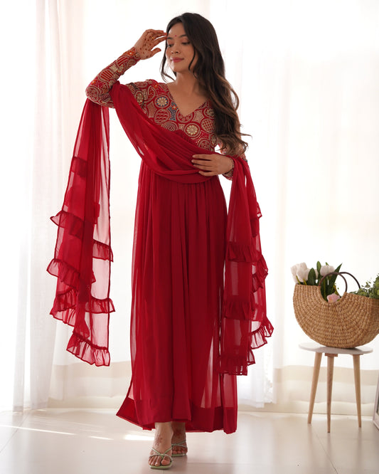 Traditional Wear Georgette Ready To Wear Red Color Gown With Dupatta