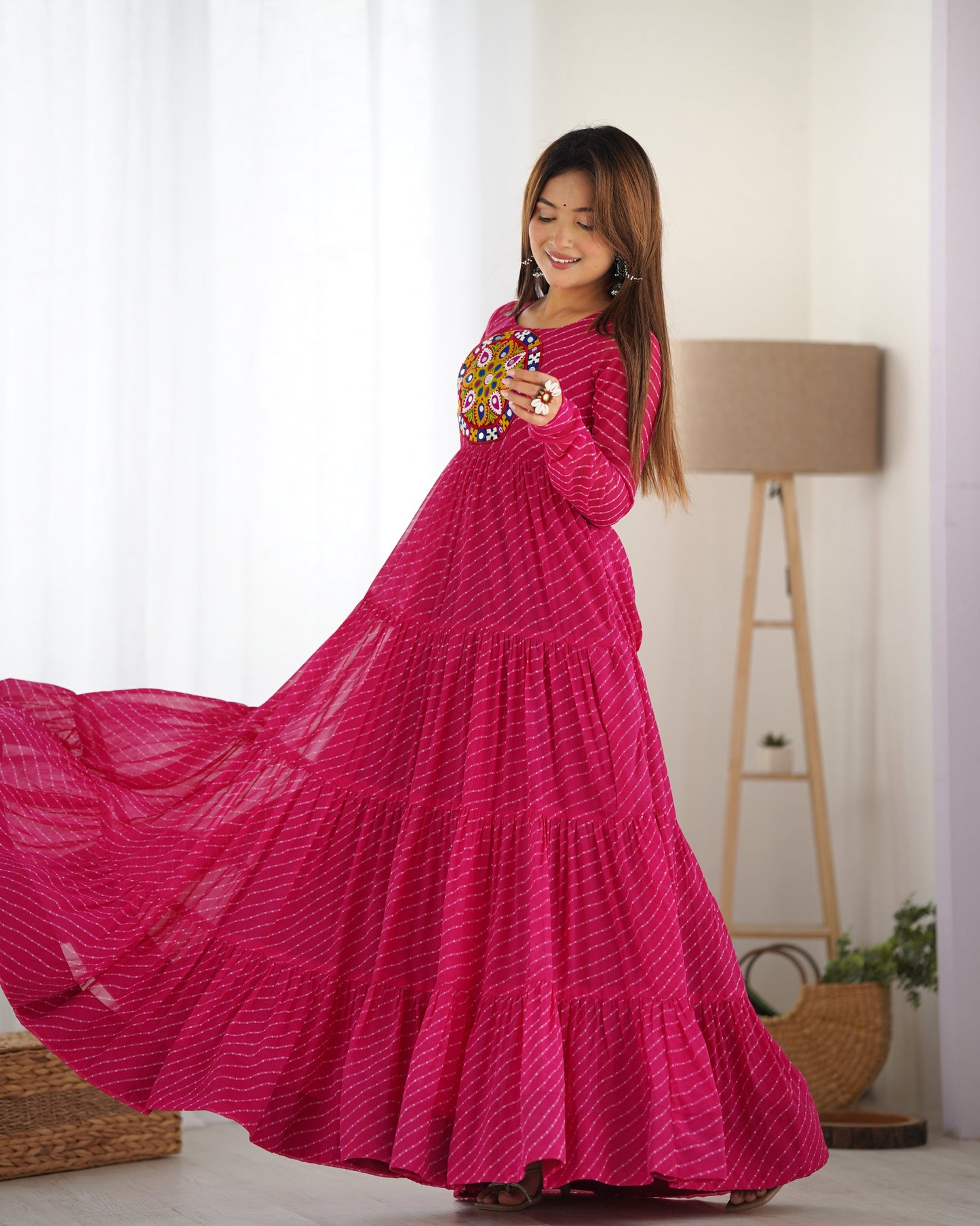 Wonderful Georgette Laheriya Print Pink And Black Color Gown