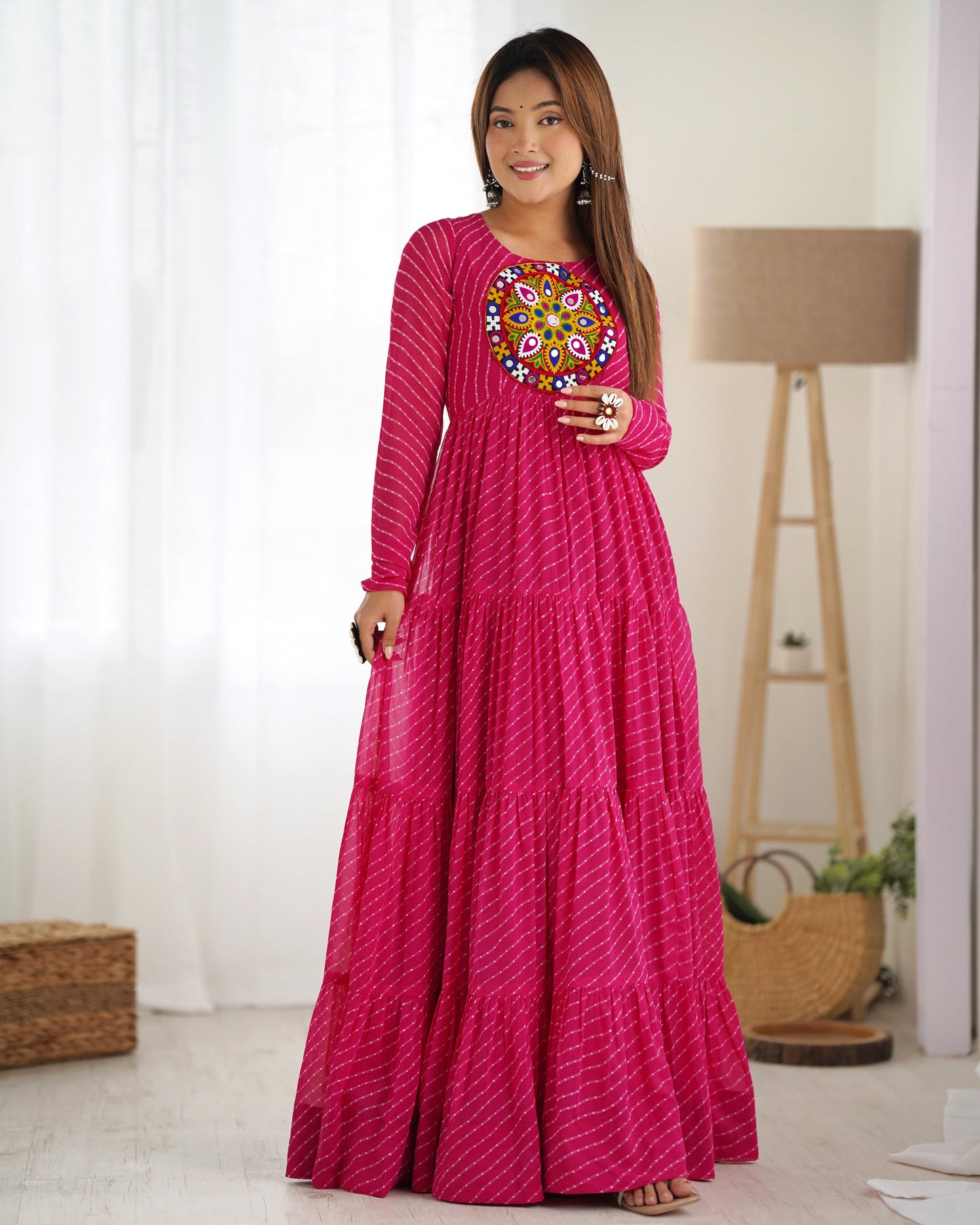 Wonderful Georgette Laheriya Print Pink And Black Color Gown