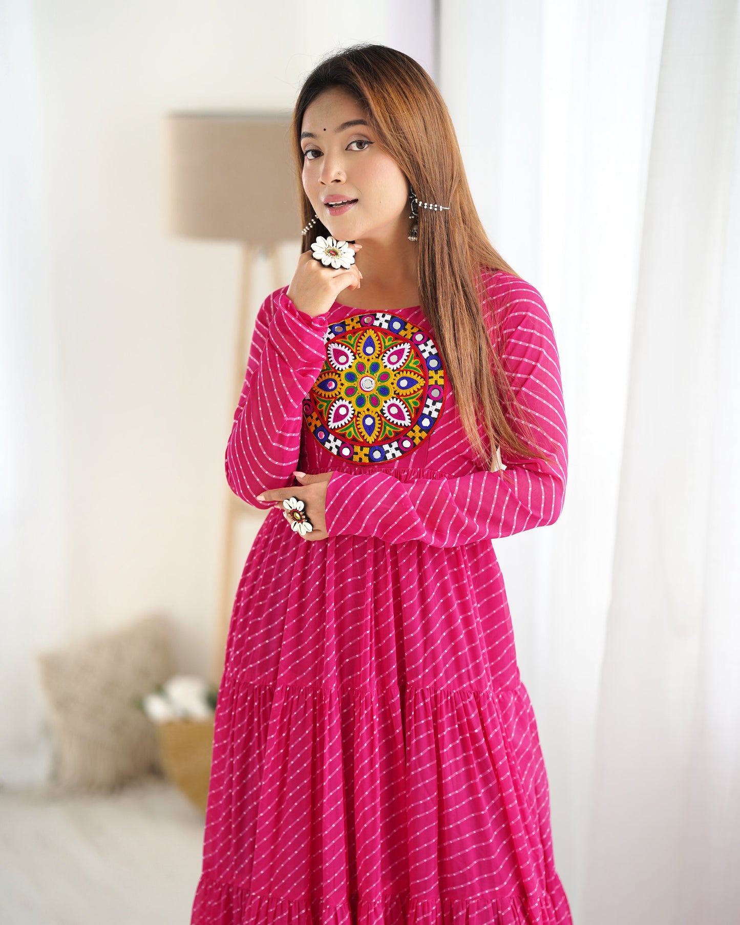 Wonderful Georgette Laheriya Print Pink And Black Color Gown