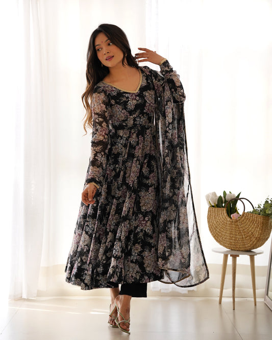 Festive Wear Black Georgette Multi Print V Neck Anarkali Suit