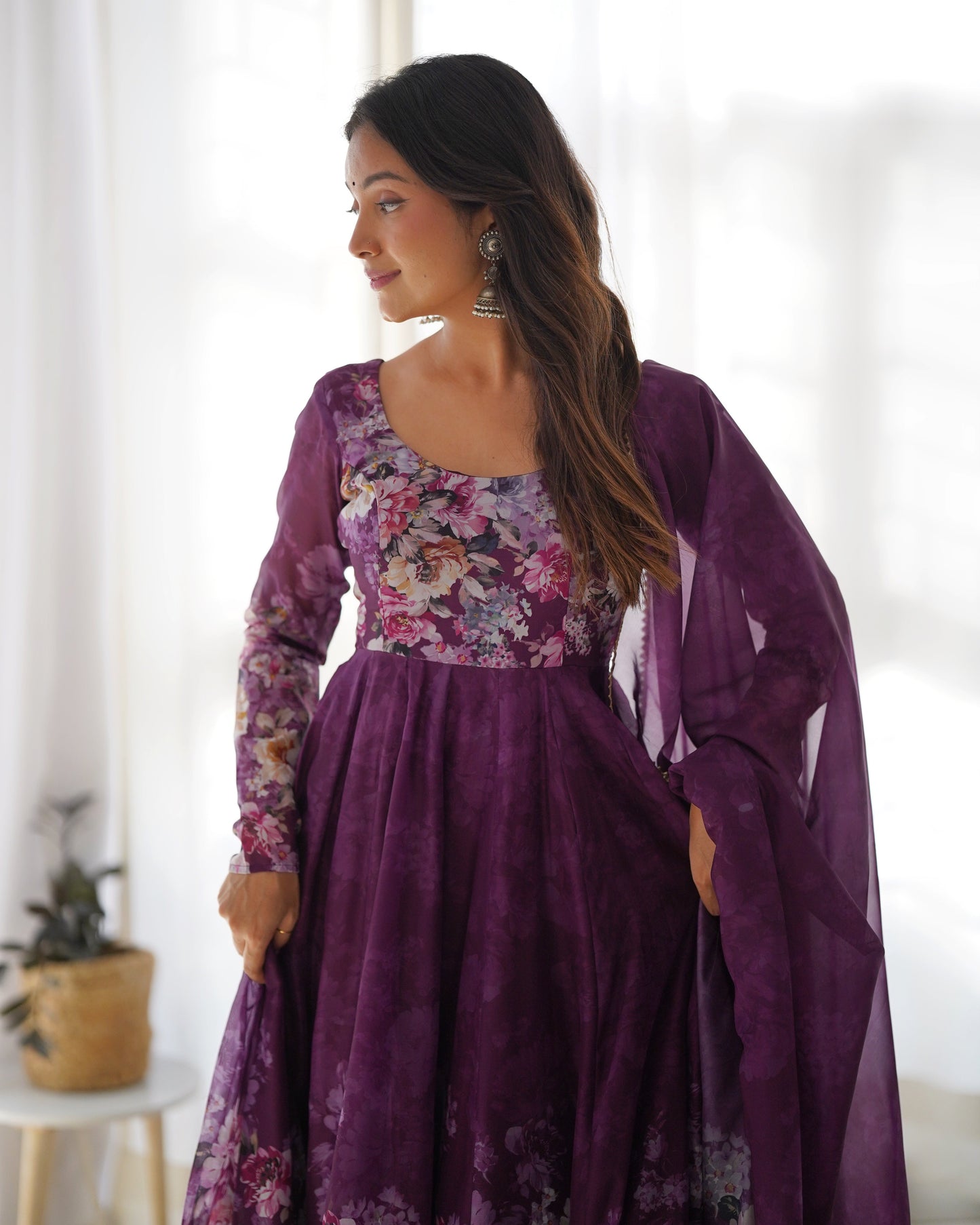 Precious Black, Pink, Wine, And Aqua Blue Color Organza Silk Print Anarkali Suit Set