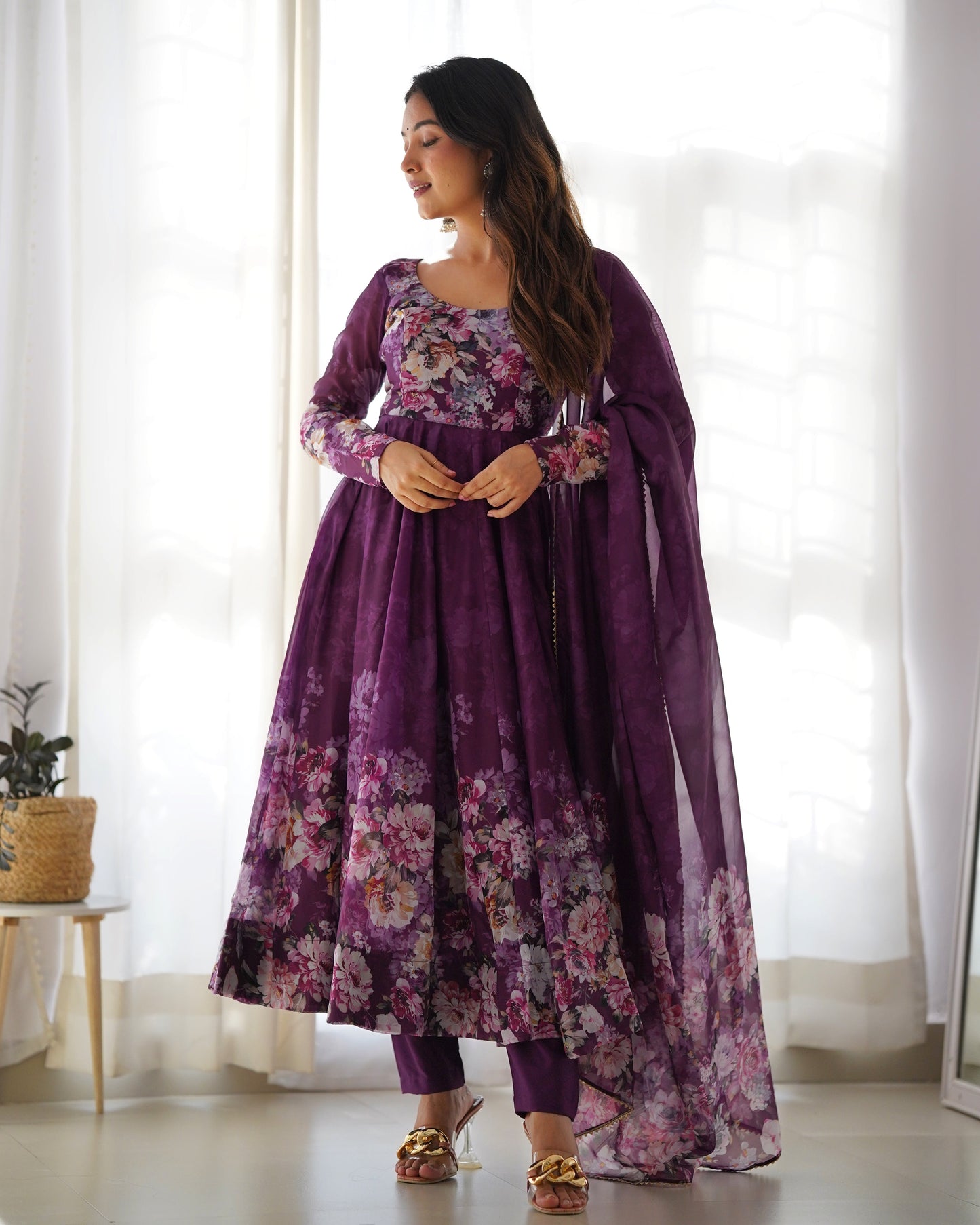 Precious Black, Pink, Wine, And Aqua Blue Color Organza Silk Print Anarkali Suit Set