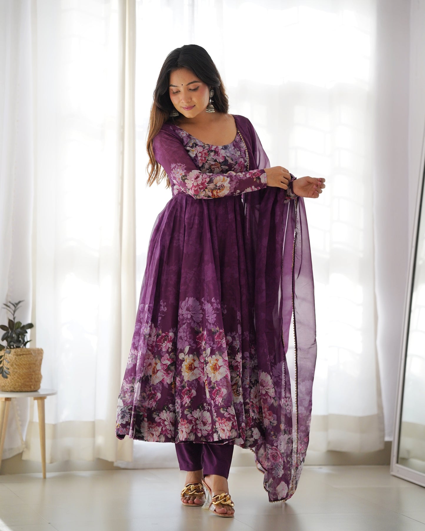 Precious Black, Pink, Wine, And Aqua Blue Color Organza Silk Print Anarkali Suit Set