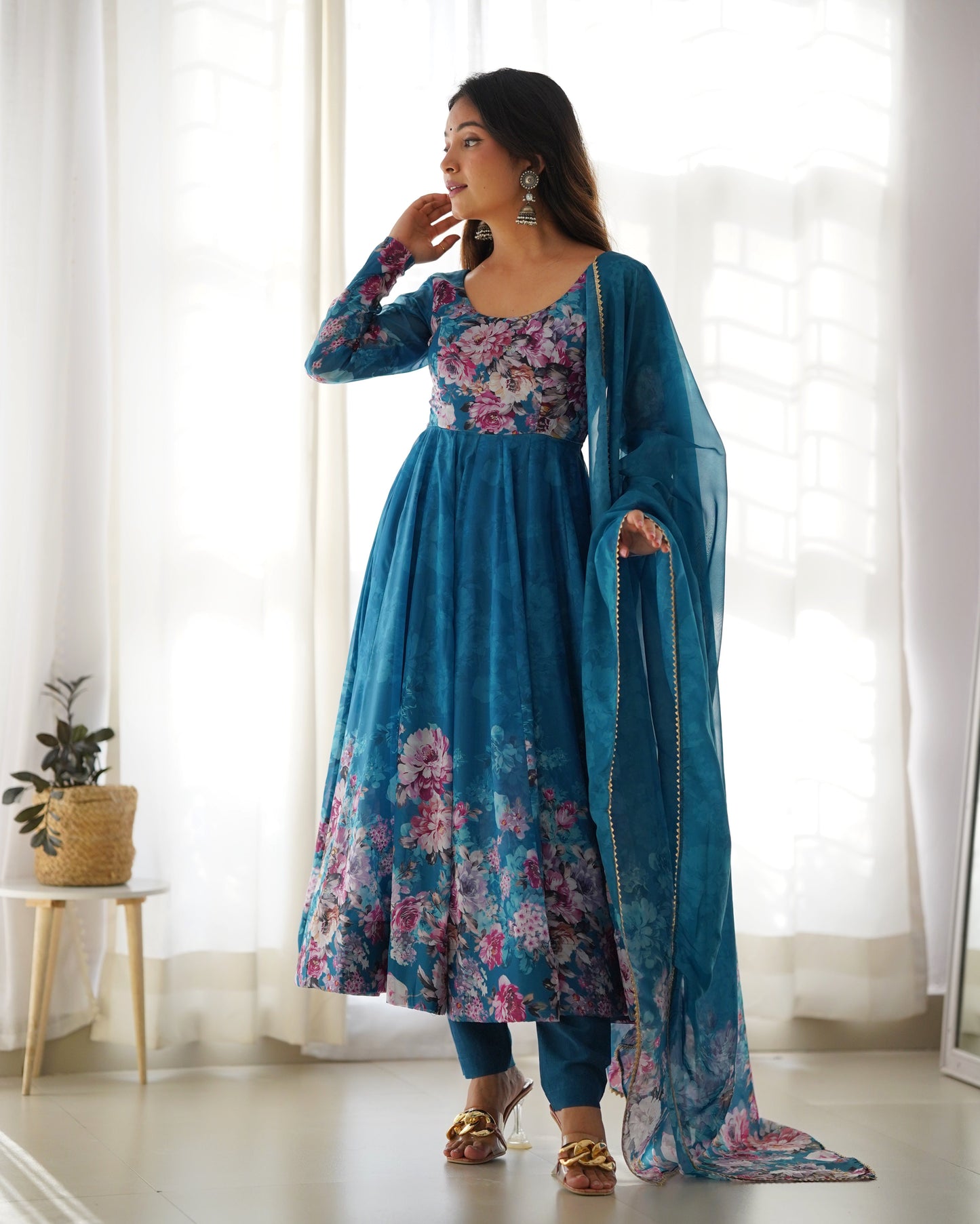Precious Black, Pink, Wine, And Aqua Blue Color Organza Silk Print Anarkali Suit Set