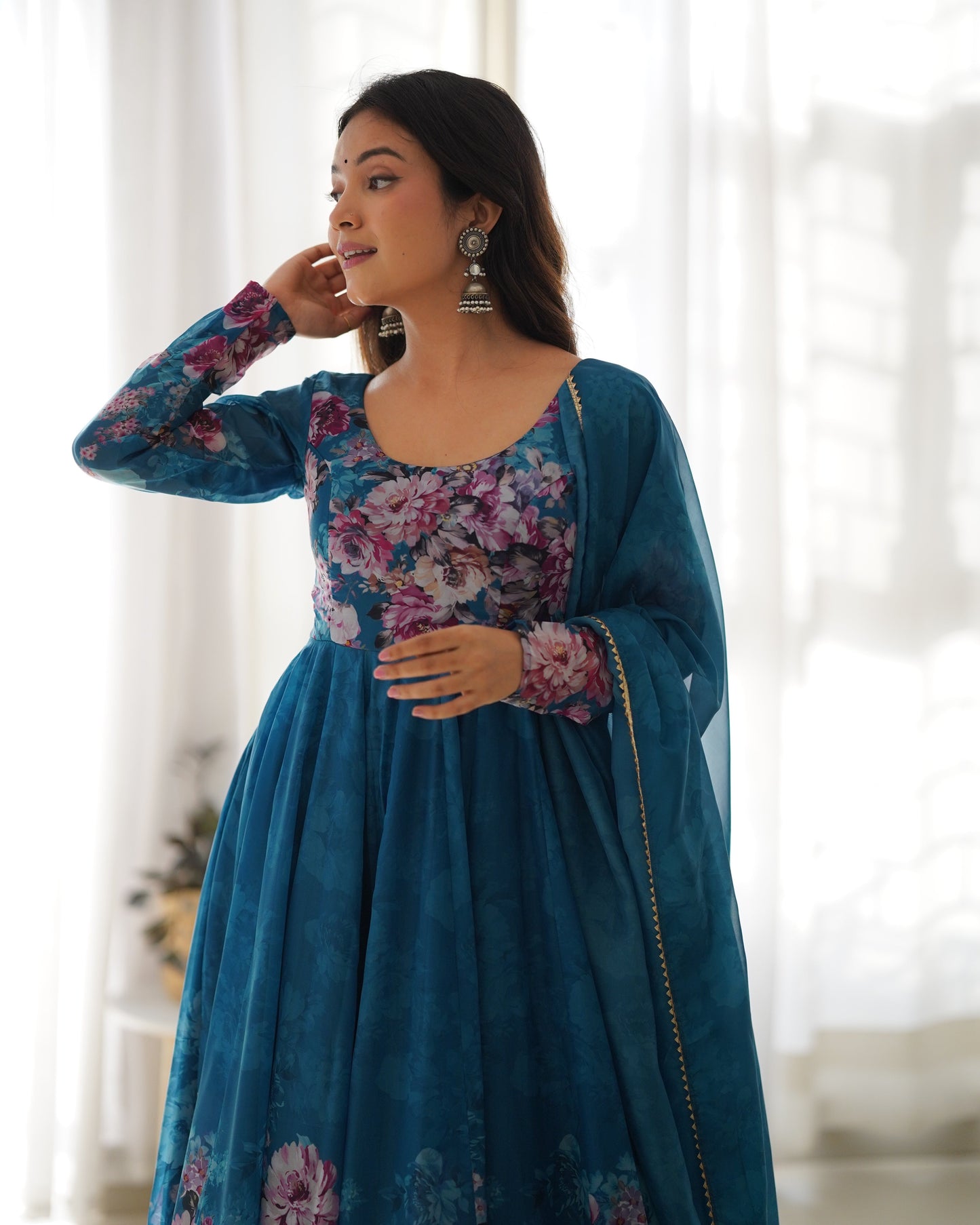 Precious Black, Pink, Wine, And Aqua Blue Color Organza Silk Print Anarkali Suit Set