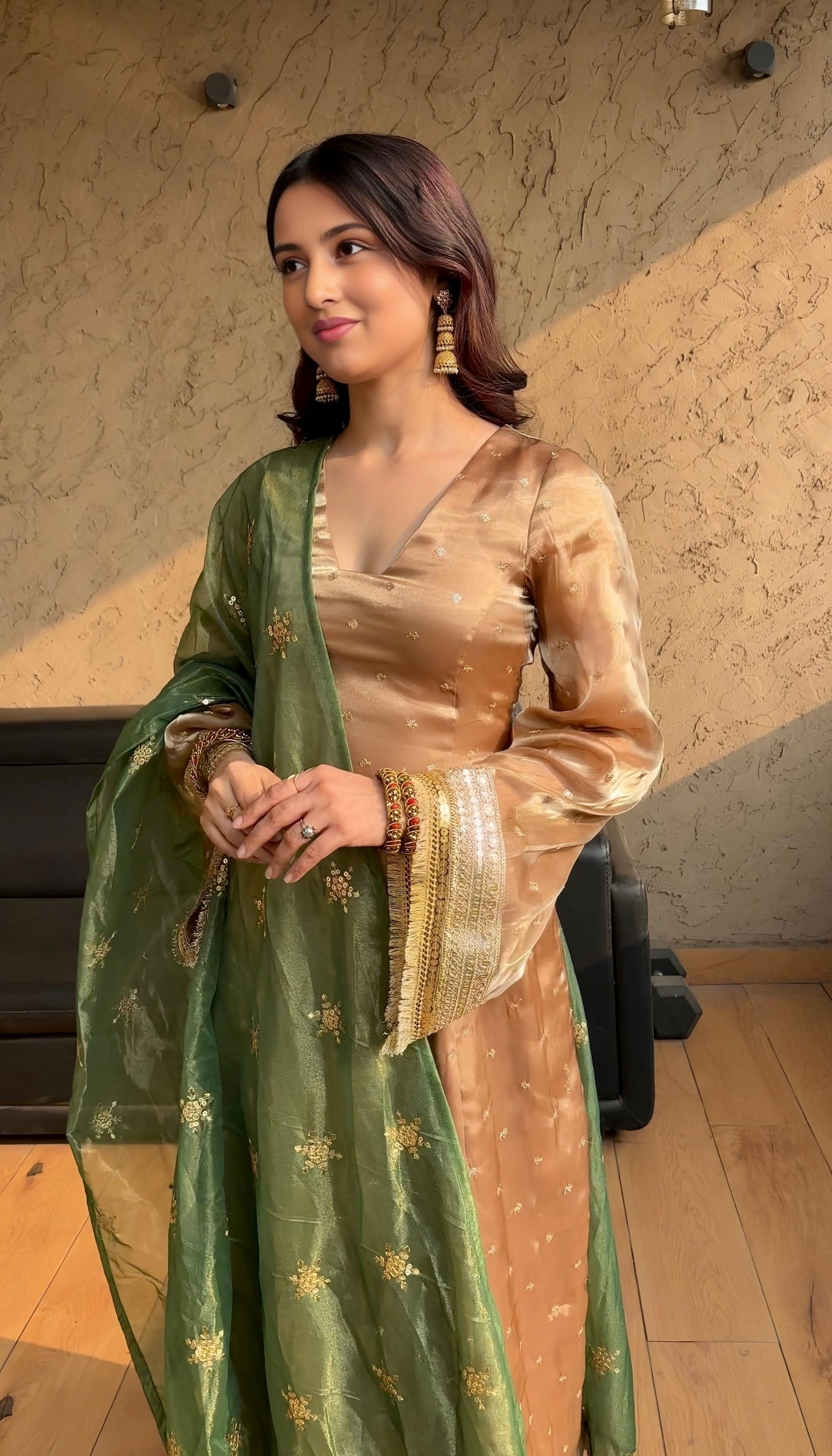 Peaceful Zimmy Choo Beige Color Red & Green Dupatta Gown TD-6054