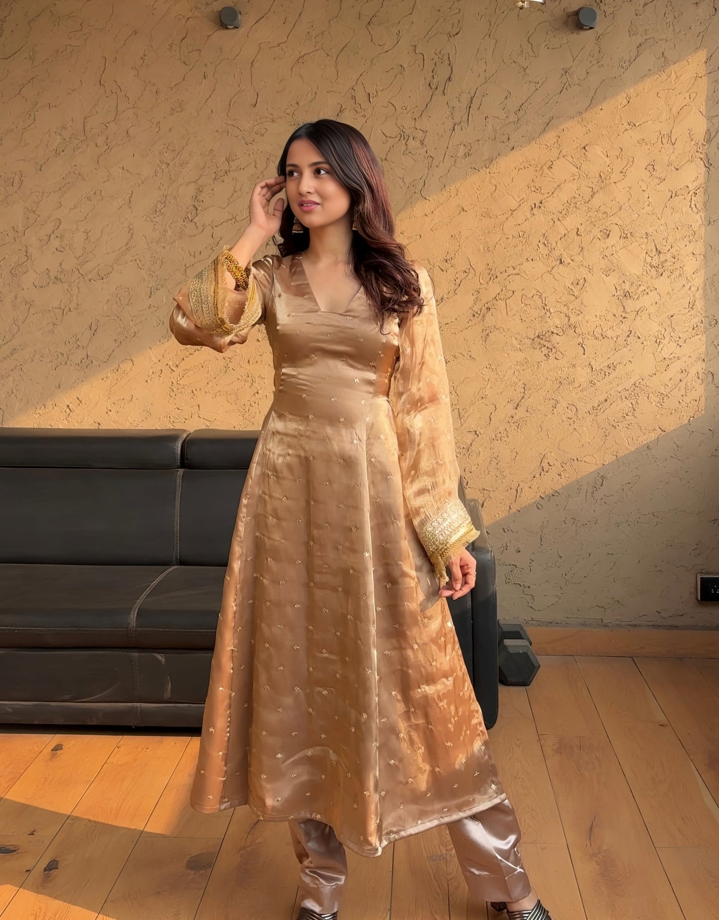 Peaceful Zimmy Choo Beige Color Red & Green Dupatta Gown TD-6054