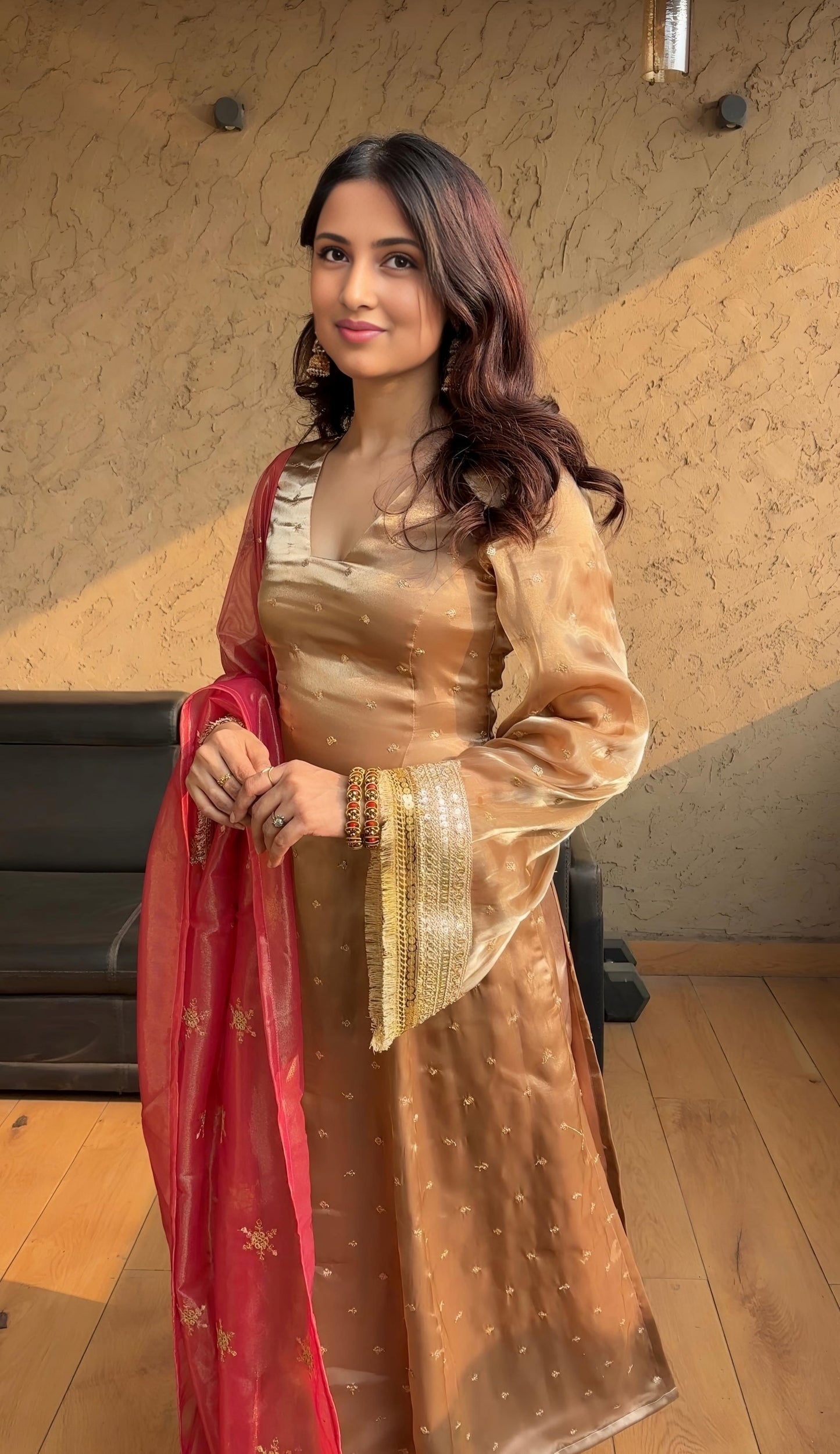 Peaceful Zimmy Choo Beige Color Red & Green Dupatta Gown TD-6054