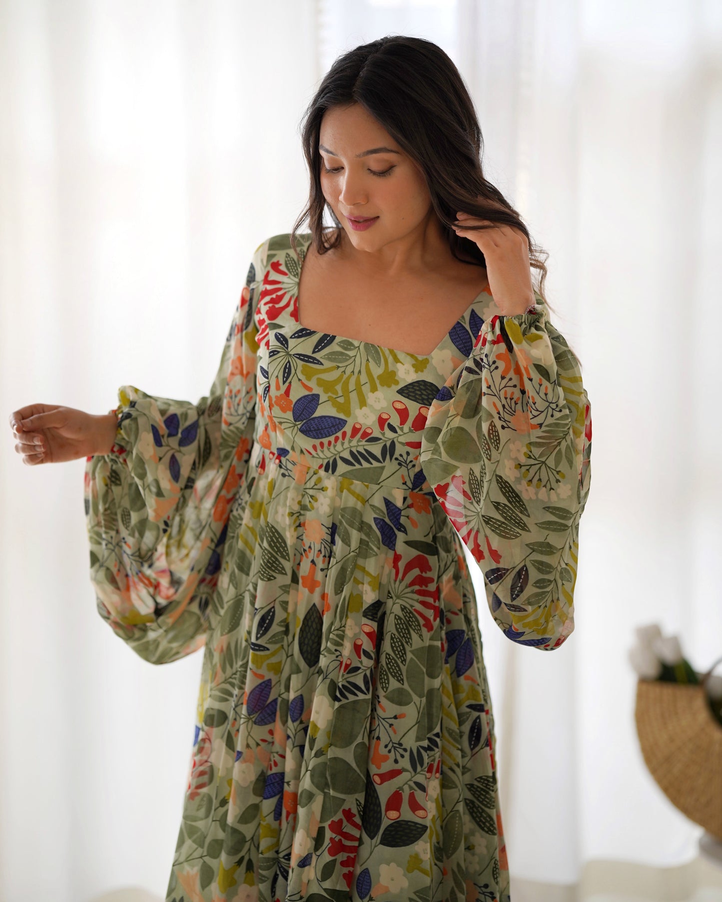 Alluring Floral Print Pista Color Ready To Wear Gown