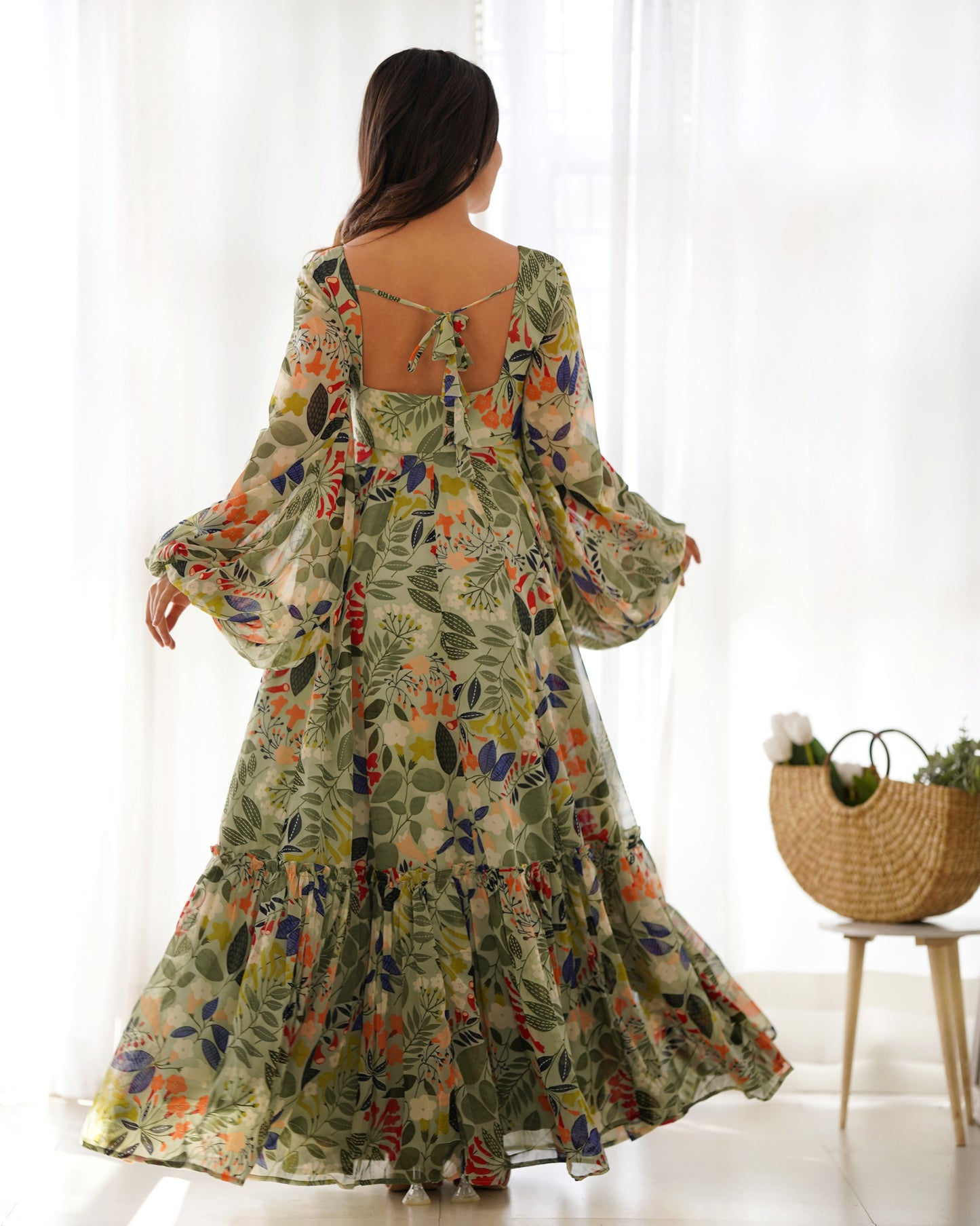Alluring Floral Print Pista Color Ready To Wear Gown