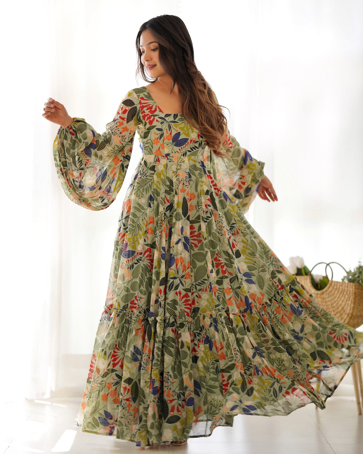 Alluring Floral Print Pista Color Ready To Wear Gown