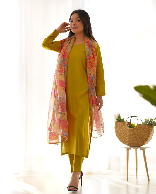 Delightful Viscose Teal Blue And Mustard Color Kurta With Pent
