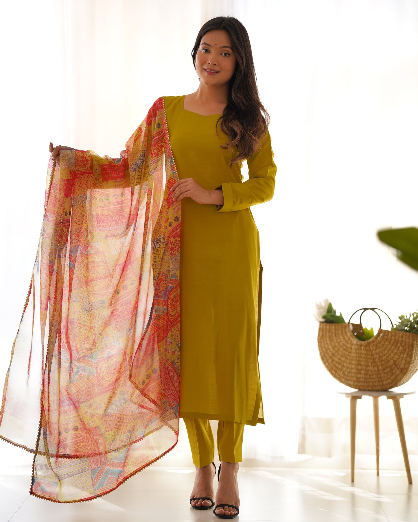 Delightful Viscose Teal Blue And Mustard Color Kurta With Pent