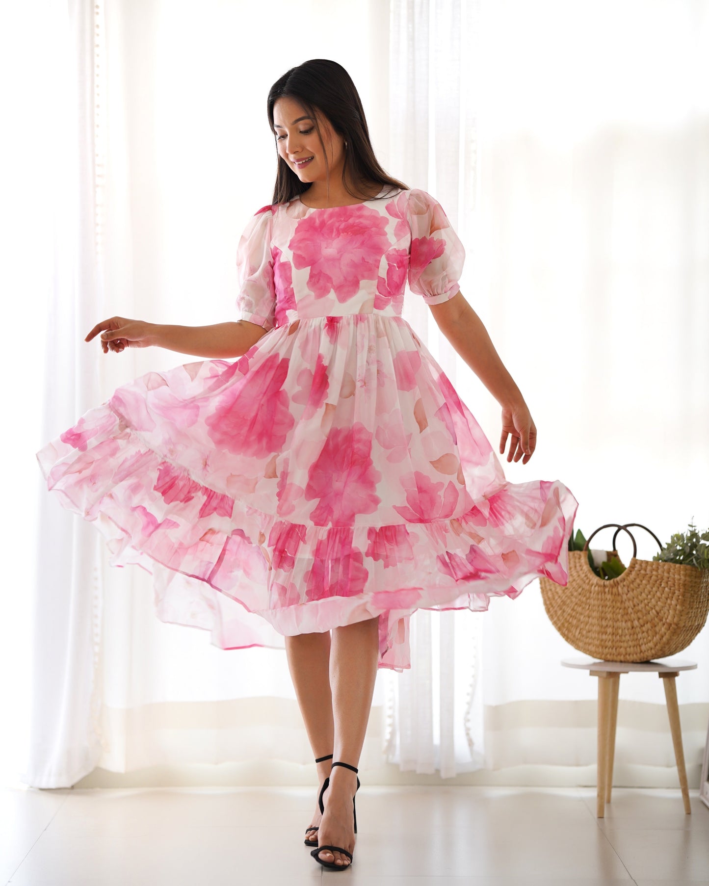 Party Wear Organza Ready To Wear Pink Color Froke