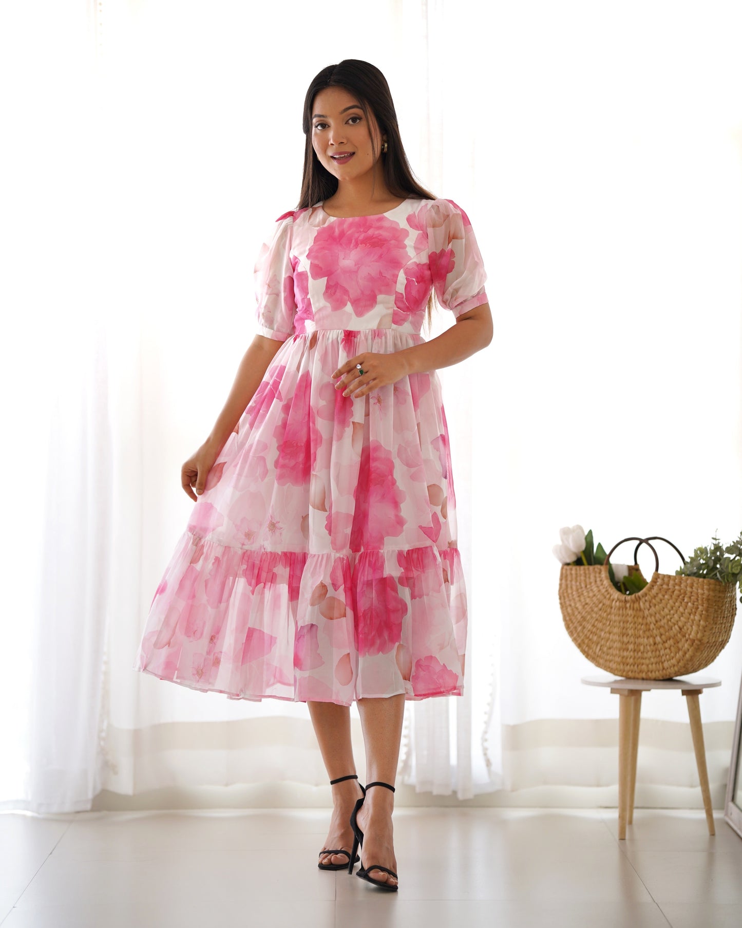 Party Wear Organza Ready To Wear Pink Color Froke