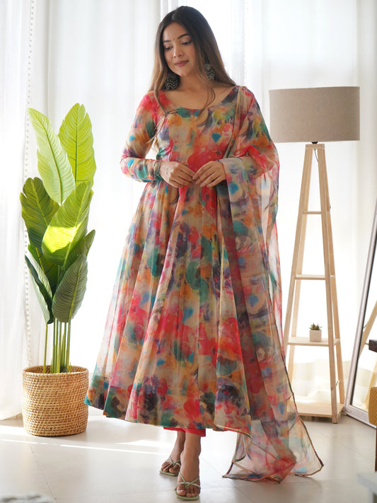 Captivating Sky And Red Color Organza Silk Print Anarkali Gown