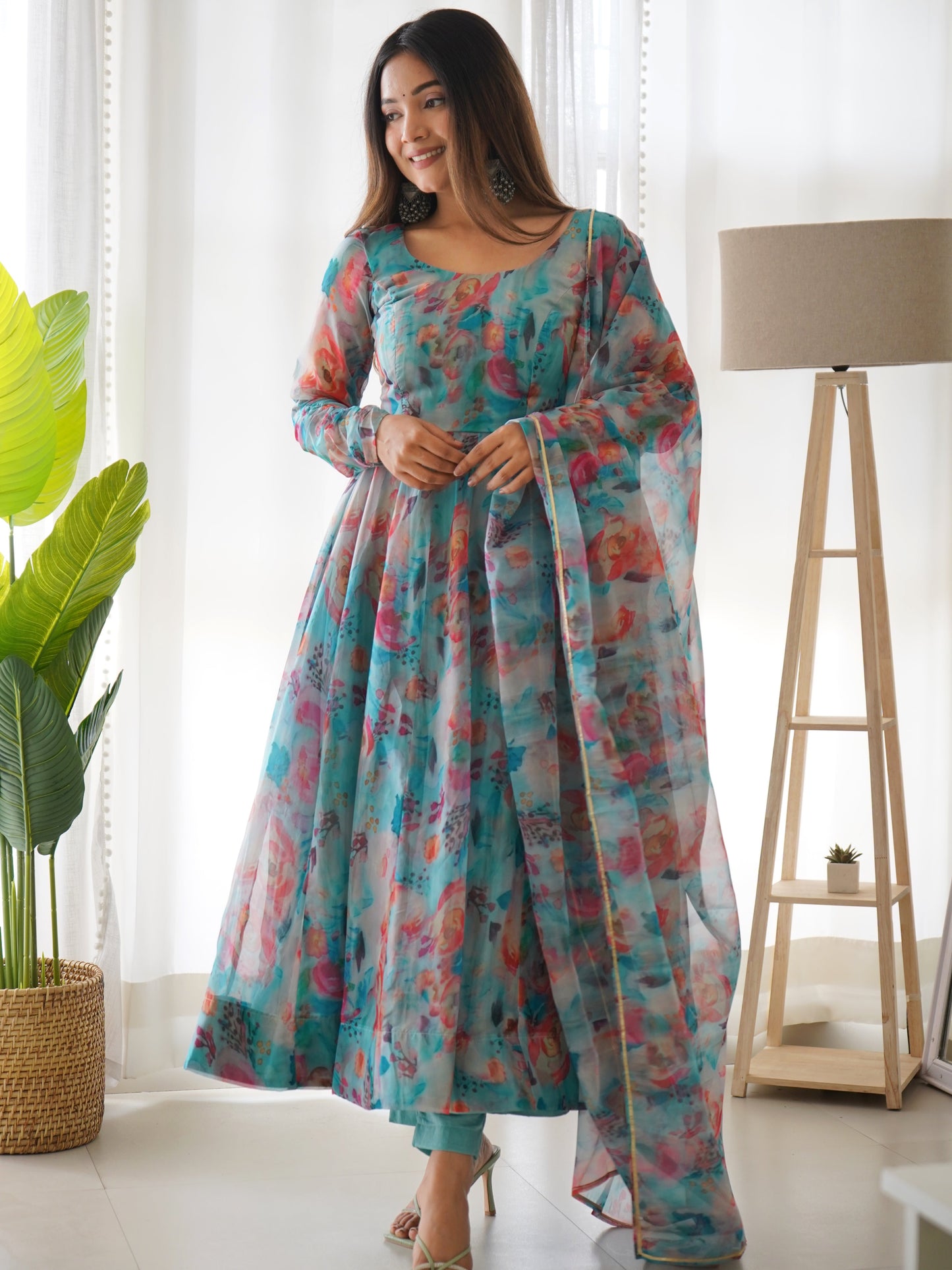 Captivating Sky And Red Color Organza Silk Print Anarkali Gown