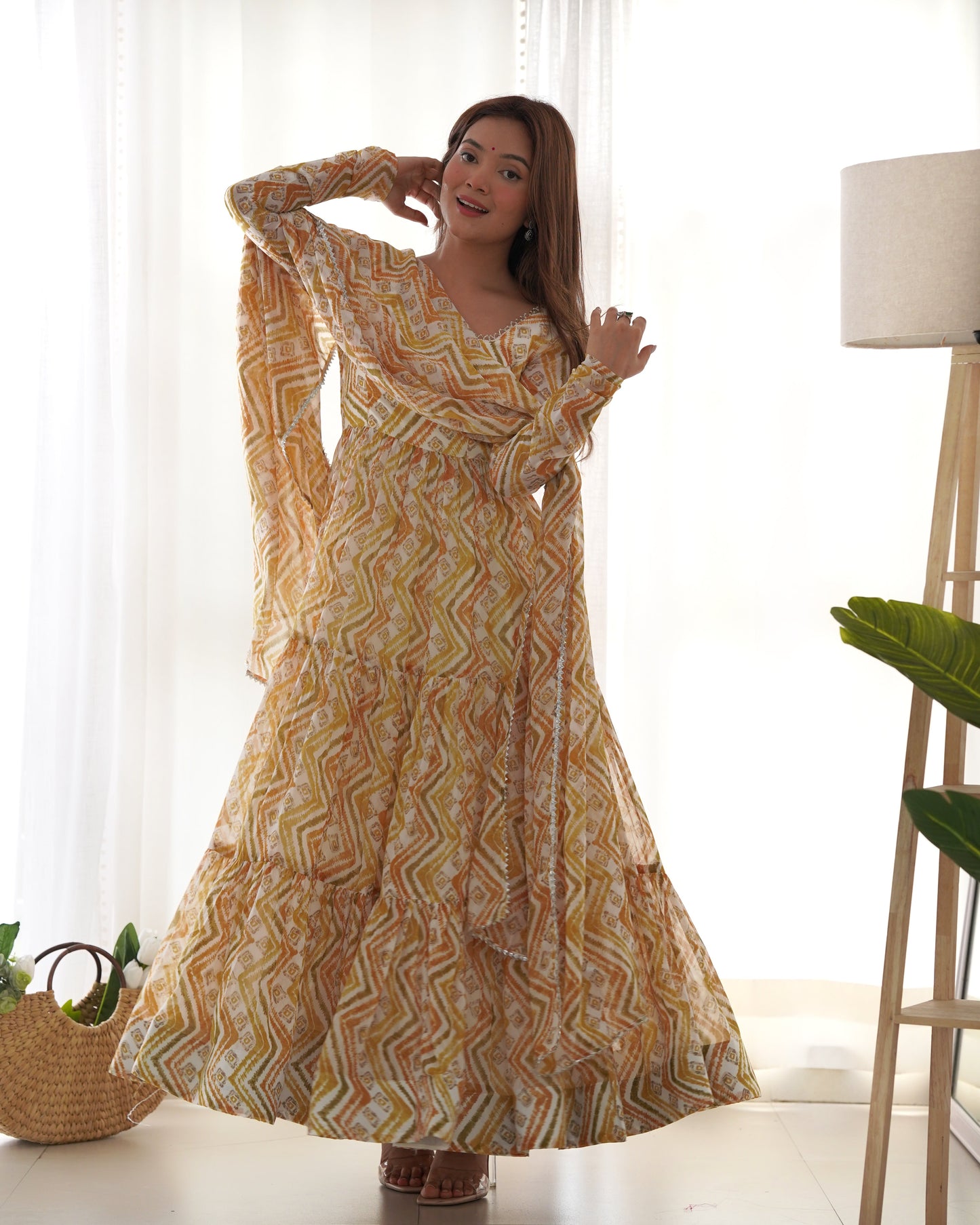 Classic Fox Georgette Zigzag Print Multi Sky Blue And Mustard Color Gown