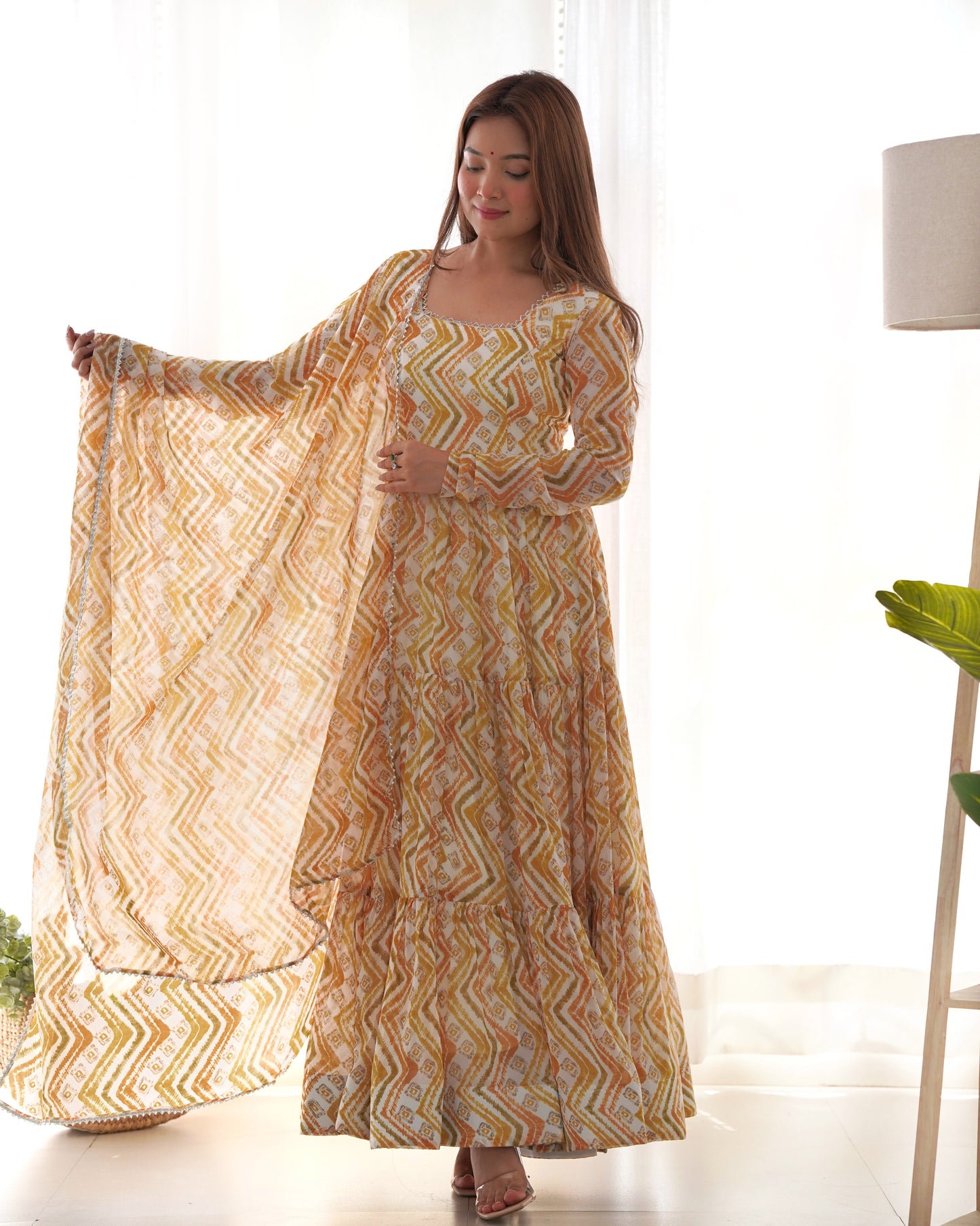 Classic Fox Georgette Zigzag Print Multi Sky Blue And Mustard Color Gown