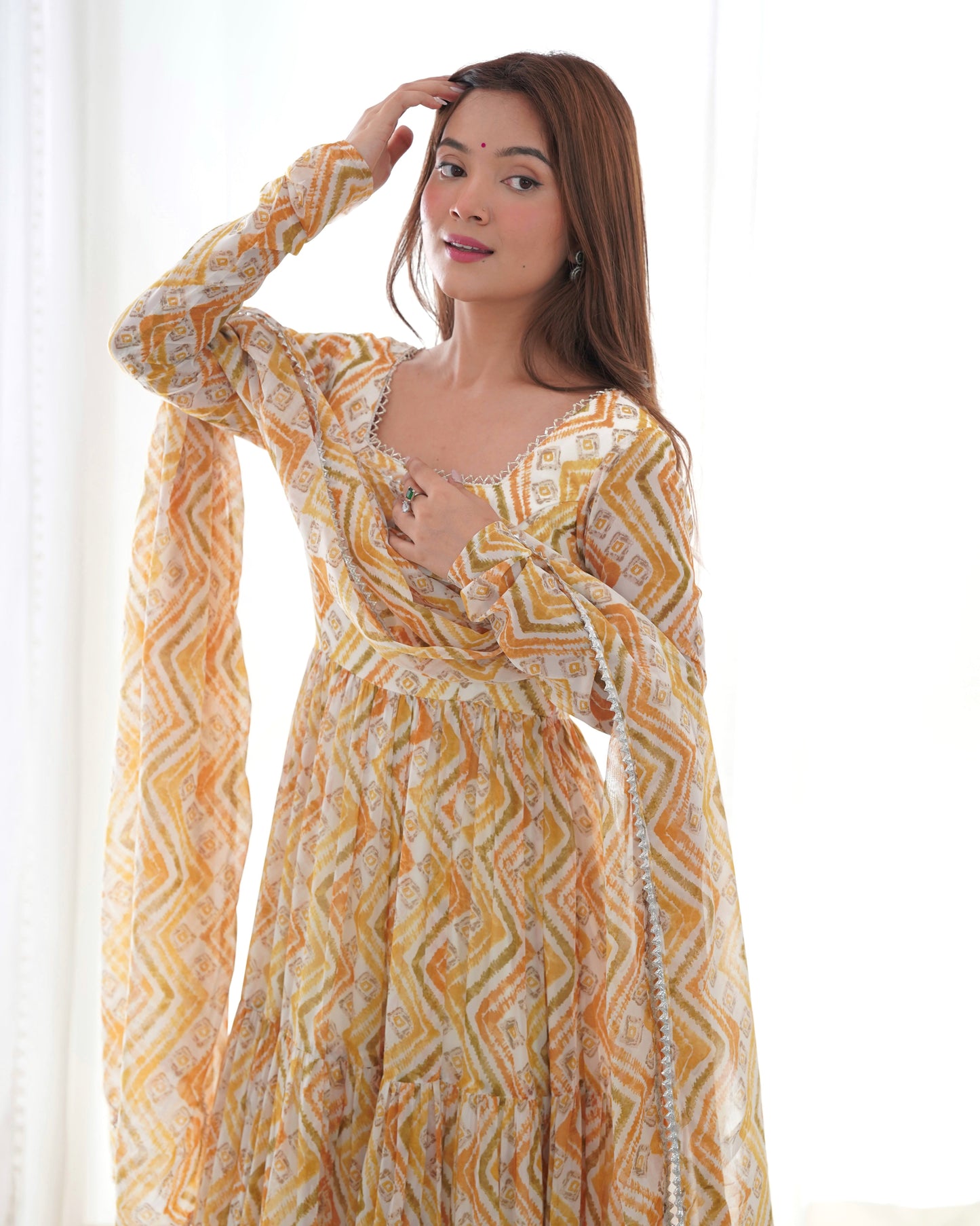 Classic Fox Georgette Zigzag Print Multi Sky Blue And Mustard Color Gown