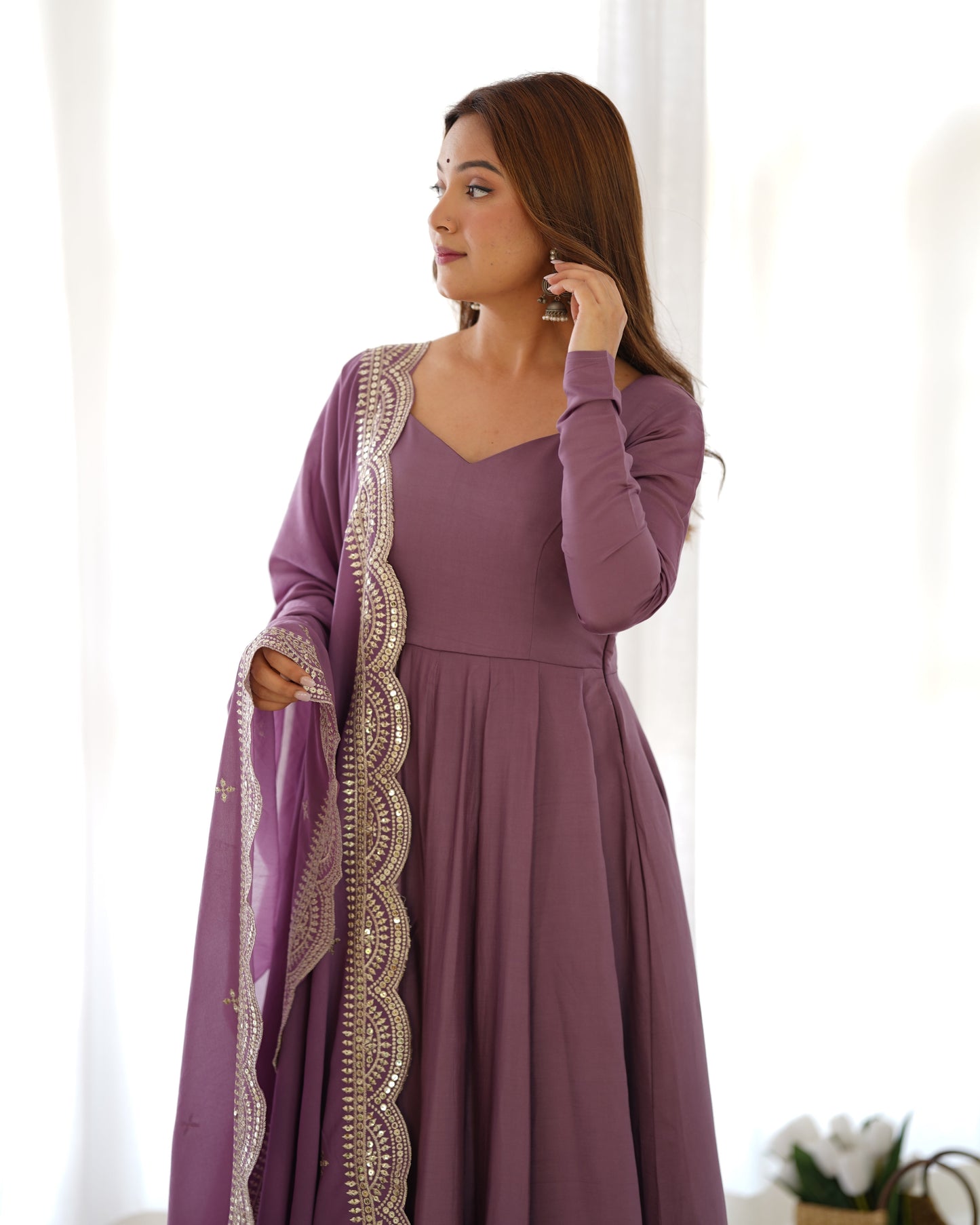 Decent Wine And Mustard Roman Silk Anarkali Gown