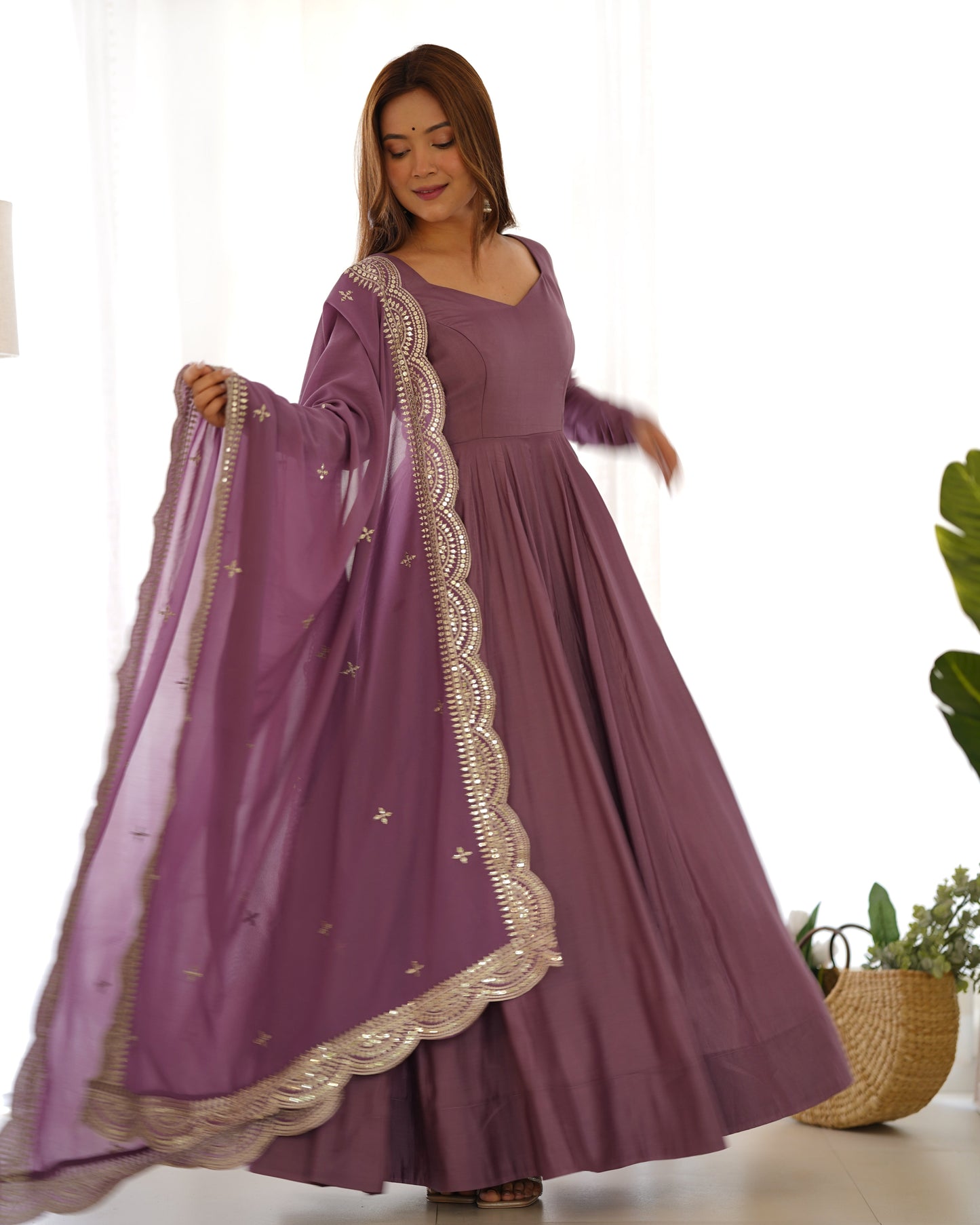 Decent Wine And Mustard Roman Silk Anarkali Gown